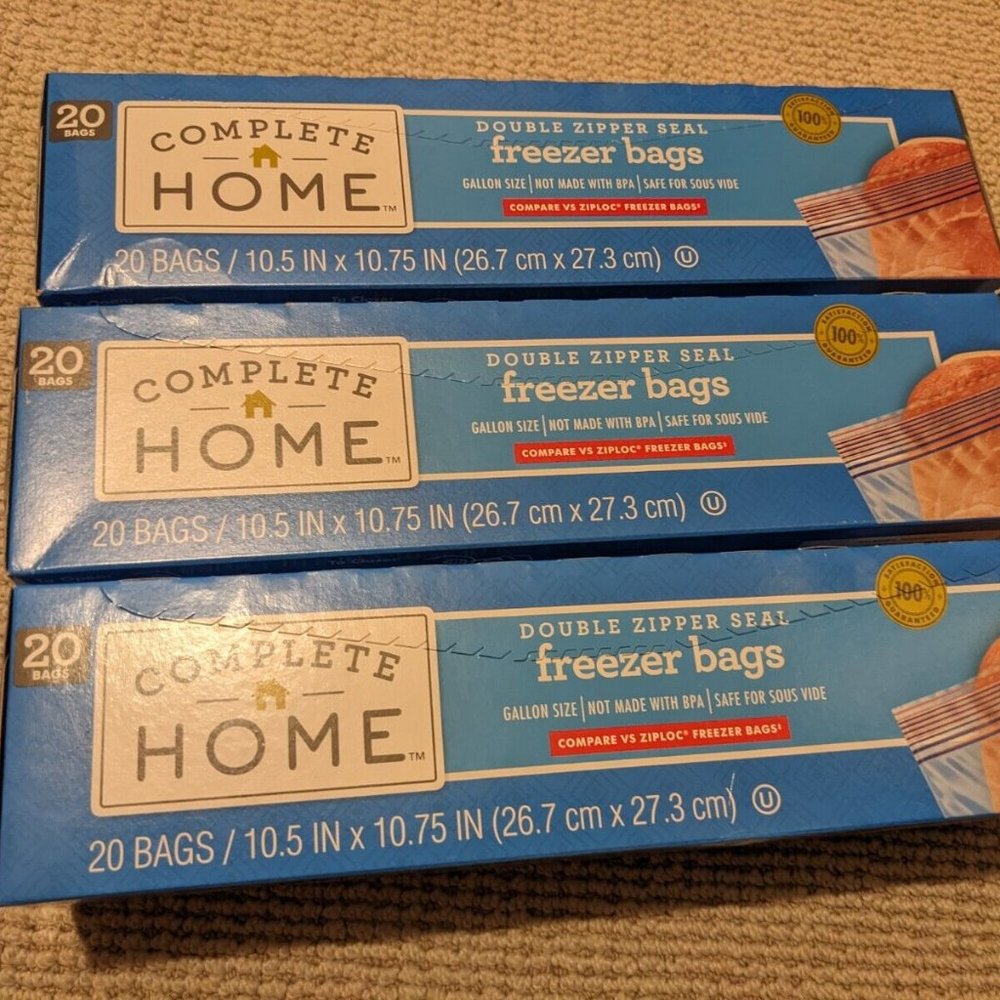 3X 20 Complete Home Double Zipper Seal Freezer Bags gallon Size BPA Free